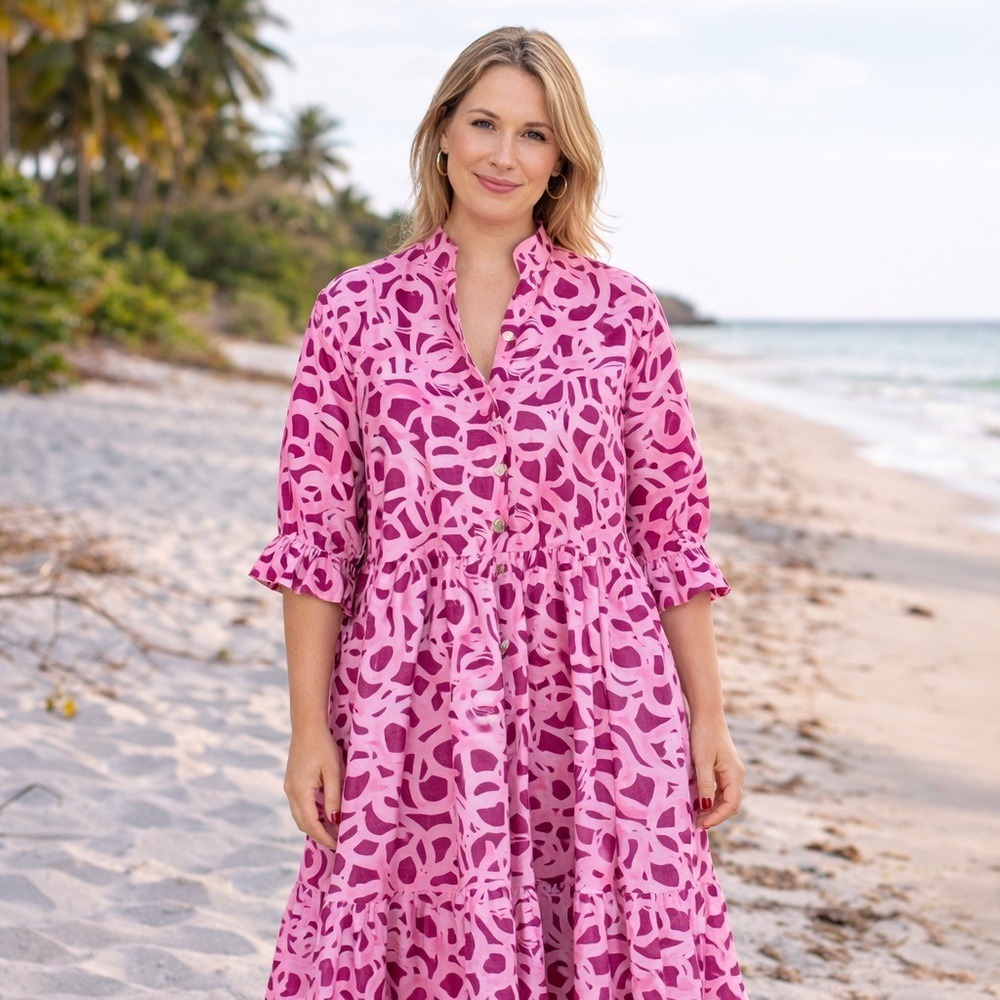 Holly Shae Catherine Dress Pink Swirl Soiree L/XL 100% Cotton Coastal Midi